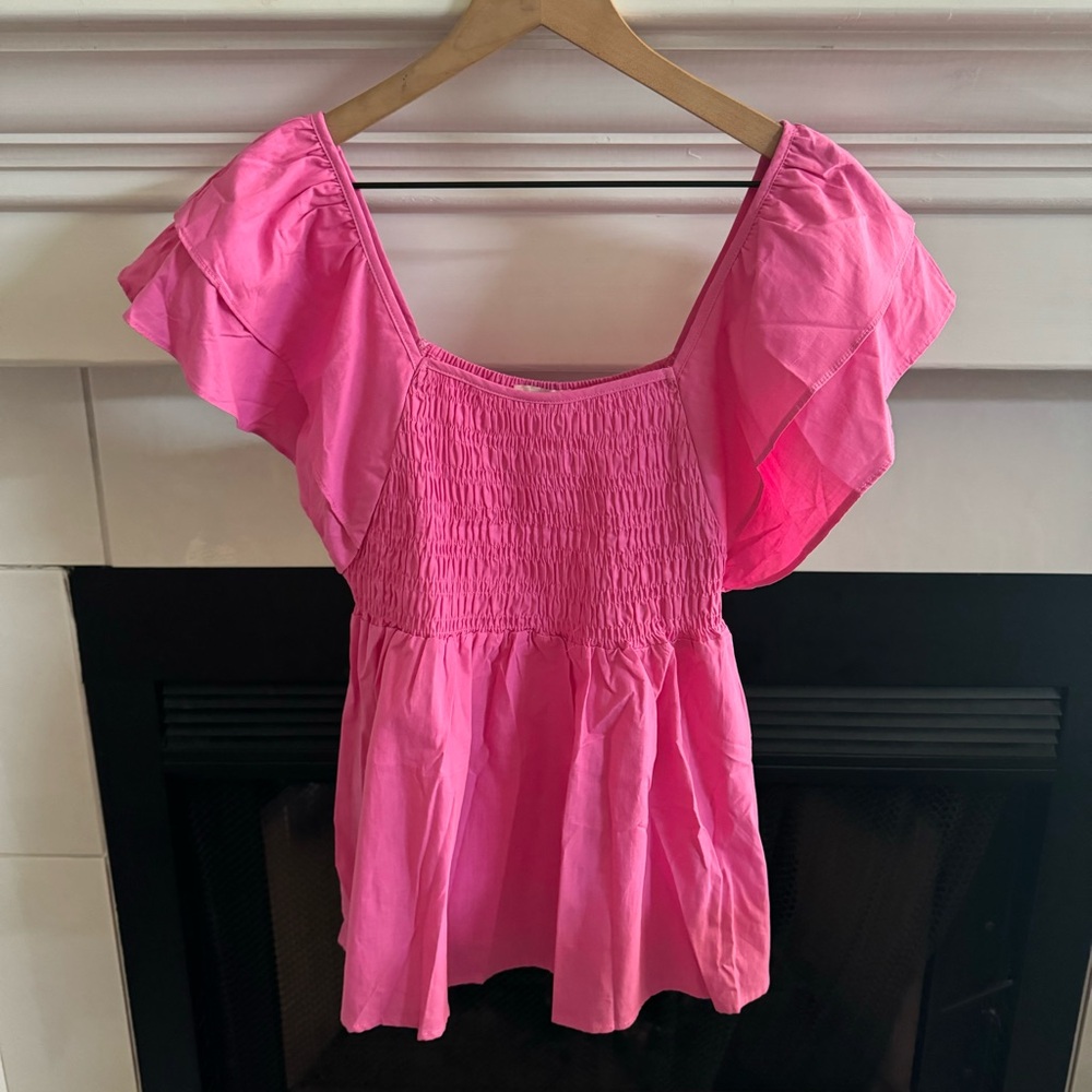 Entro Magenta Babydoll Smocked Ruffle Sleeve Top Size M